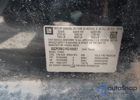 2015 Chevrolet Silverado 1500 1Lt from USA, damaged, VIN 3GCPCREC7FG165657